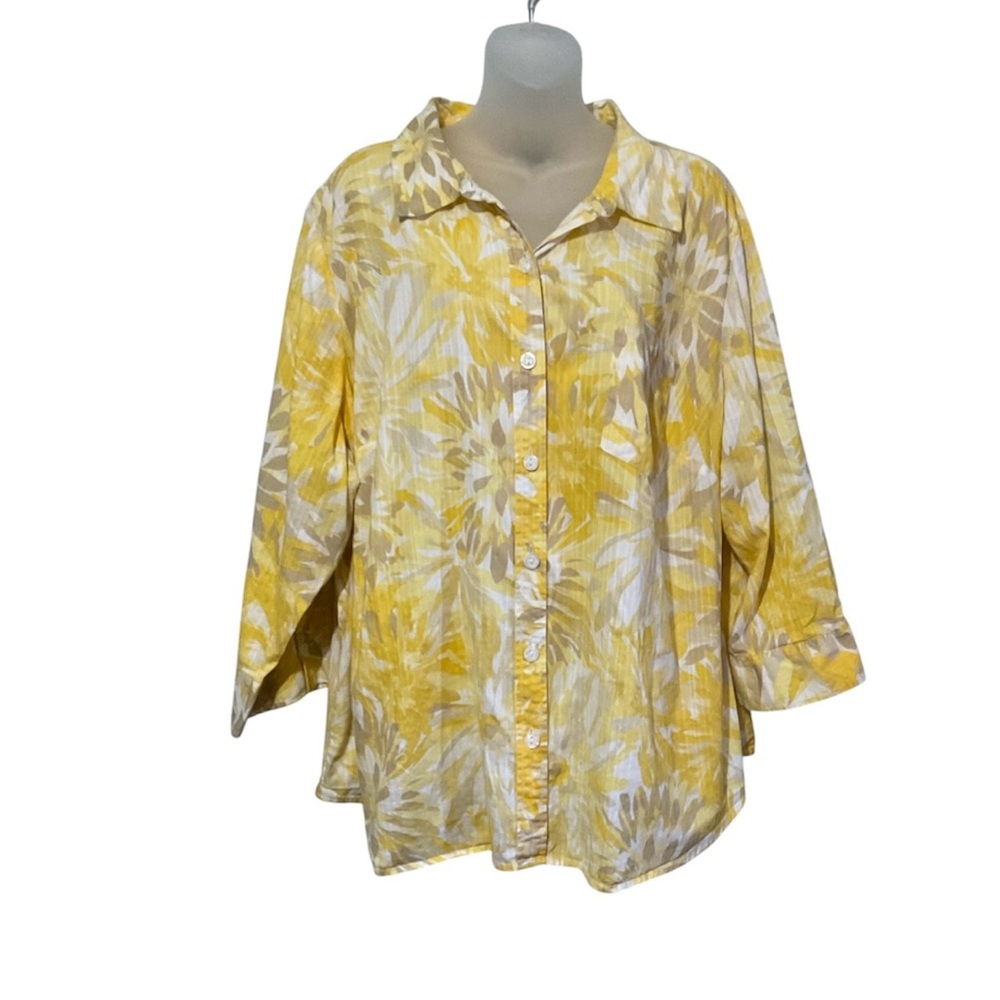 Karen Scott 3XL Yellow Floral Button-Down Cotton Shirt Boho Spring 3/4 Sleeve